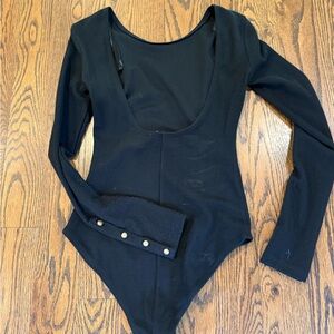 Promesa Black Deep Low Back Bodysuit with gold button sleeves